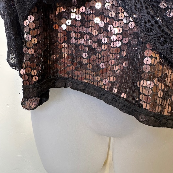 Joie | Addison Caviar Sequin Mesh Lace Cap Sleeves Cropped Fit Glam Boxy Blouse - Picture 9 of 15